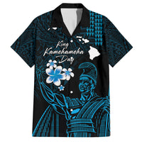 Personalised Hawaii King Kamehameha Day Family Matching Off The Shoulder Long Sleeve Dress and Hawaiian Shirt Plumeria With Kakau Pattern - Blue LT14 Dad's Shirt - Short Sleeve Blue - Polynesian Pride