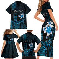 Personalised Hawaii King Kamehameha Day Family Matching Short Sleeve Bodycon Dress and Hawaiian Shirt Plumeria With Kakau Pattern - Blue LT14 - Polynesian Pride
