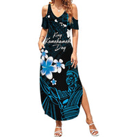 Personalised Hawaii King Kamehameha Day Family Matching Summer Maxi Dress and Hawaiian Shirt Plumeria With Kakau Pattern - Blue LT14 Mom's Dress Blue - Polynesian Pride