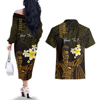 Personalised Hawaii King Kamehameha Day Couples Matching Off The Shoulder Long Sleeve Dress and Hawaiian Shirt Plumeria With Kakau Pattern - Gold LT14 - Polynesian Pride