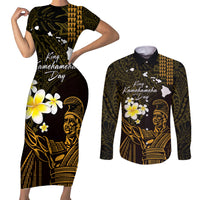 Personalised Hawaii King Kamehameha Day Couples Matching Short Sleeve Bodycon Dress and Long Sleeve Button Shirt Plumeria With Kakau Pattern - Gold LT14 Gold - Polynesian Pride