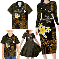 Personalised Hawaii King Kamehameha Day Family Matching Long Sleeve Bodycon Dress and Hawaiian Shirt Plumeria With Kakau Pattern - Gold LT14 - Polynesian Pride