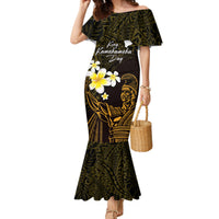Personalised Hawaii King Kamehameha Day Family Matching Mermaid Dress and Hawaiian Shirt Plumeria With Kakau Pattern - Gold LT14 Mom's Dress Gold - Polynesian Pride