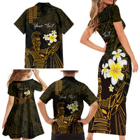 Personalised Hawaii King Kamehameha Day Family Matching Short Sleeve Bodycon Dress and Hawaiian Shirt Plumeria With Kakau Pattern - Gold LT14 - Polynesian Pride
