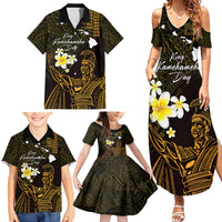 Personalised Hawaii King Kamehameha Day Family Matching Summer Maxi Dress and Hawaiian Shirt Plumeria With Kakau Pattern - Gold LT14 - Polynesian Pride