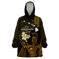 Personalised Hawaii King Kamehameha Day Wearable Blanket Hoodie Plumeria With Kakau Pattern - Gold LT14 One Size Gold - Polynesian Pride