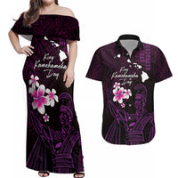 Personalised Hawaii King Kamehameha Day Couples Matching Off Shoulder Maxi Dress and Hawaiian Shirt Plumeria With Kakau Pattern - Purple LT14 Purple - Polynesian Pride