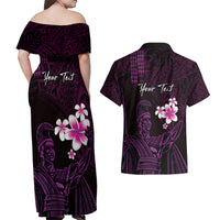 Personalised Hawaii King Kamehameha Day Couples Matching Off Shoulder Maxi Dress and Hawaiian Shirt Plumeria With Kakau Pattern - Purple LT14 - Polynesian Pride