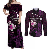 Personalised Hawaii King Kamehameha Day Couples Matching Off Shoulder Maxi Dress and Long Sleeve Button Shirt Plumeria With Kakau Pattern - Purple LT14 Purple - Polynesian Pride