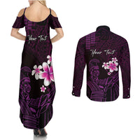 Personalised Hawaii King Kamehameha Day Couples Matching Summer Maxi Dress and Long Sleeve Button Shirt Plumeria With Kakau Pattern - Purple LT14 - Polynesian Pride