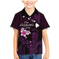 Personalised Hawaii King Kamehameha Day Family Matching Mermaid Dress and Hawaiian Shirt Plumeria With Kakau Pattern - Purple LT14 Son's Shirt Purple - Polynesian Pride