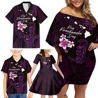 Personalised Hawaii King Kamehameha Day Family Matching Off Shoulder Short Dress and Hawaiian Shirt Plumeria With Kakau Pattern - Purple LT14 - Polynesian Pride