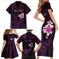 Personalised Hawaii King Kamehameha Day Family Matching Short Sleeve Bodycon Dress and Hawaiian Shirt Plumeria With Kakau Pattern - Purple LT14 - Polynesian Pride