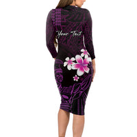 Personalised Hawaii King Kamehameha Day Long Sleeve Bodycon Dress Plumeria With Kakau Pattern - Purple LT14 - Polynesian Pride