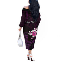 Personalised Hawaii King Kamehameha Day Off The Shoulder Long Sleeve Dress Plumeria With Kakau Pattern - Purple LT14 - Polynesian Pride