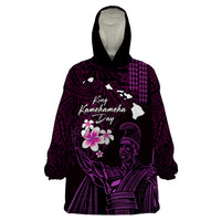 Personalised Hawaii King Kamehameha Day Wearable Blanket Hoodie Plumeria With Kakau Pattern - Purple LT14 One Size Purple - Polynesian Pride