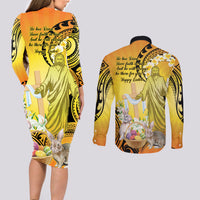 Polynesia Easter Day Couples Matching Long Sleeve Bodycon Dress and Long Sleeve Button Shirt He Is Risen Lilium Longiflorum Polynesian Pattern