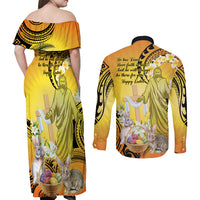 Polynesia Easter Day Couples Matching Off Shoulder Maxi Dress and Long Sleeve Button Shirt He Is Risen Lilium Longiflorum Polynesian Pattern