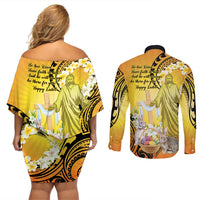 Polynesia Easter Day Couples Matching Off Shoulder Short Dress and Long Sleeve Button Shirt He Is Risen Lilium Longiflorum Polynesian Pattern