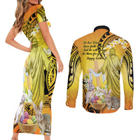 Polynesia Easter Day Couples Matching Short Sleeve Bodycon Dress and Long Sleeve Button Shirt He Is Risen Lilium Longiflorum Polynesian Pattern