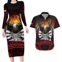 Fautasi Race Day American Samoa Couples Matching Long Sleeve Bodycon Dress and Hawaiian Shirt Bald Eagle Polynesian Tattoo LT14 Black - Polynesian Pride