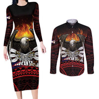 Fautasi Race Day American Samoa Couples Matching Long Sleeve Bodycon Dress and Long Sleeve Button Shirt Bald Eagle Polynesian Tattoo LT14 Black - Polynesian Pride