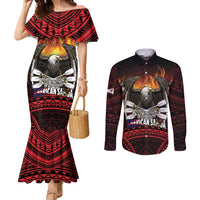 Fautasi Race Day American Samoa Couples Matching Mermaid Dress and Long Sleeve Button Shirt Bald Eagle Polynesian Tattoo