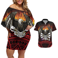 Fautasi Race Day American Samoa Couples Matching Off Shoulder Short Dress and Hawaiian Shirt Bald Eagle Polynesian Tattoo
