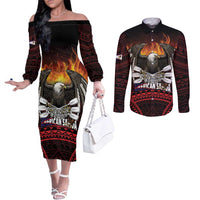 Fautasi Race Day American Samoa Couples Matching Off The Shoulder Long Sleeve Dress and Long Sleeve Button Shirt Bald Eagle Polynesian Tattoo LT14 Black - Polynesian Pride