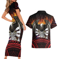 Fautasi Race Day American Samoa Couples Matching Short Sleeve Bodycon Dress and Hawaiian Shirt Bald Eagle Polynesian Tattoo LT14 - Polynesian Pride