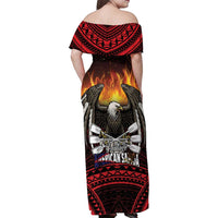 Fautasi Race Day American Samoa Family Matching Off Shoulder Maxi Dress and Hawaiian Shirt Bald Eagle Polynesian Tattoo LT14 - Polynesian Pride