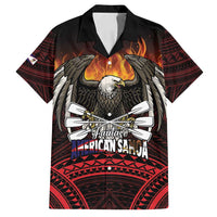 Fautasi Race Day American Samoa Family Matching Off Shoulder Short Dress and Hawaiian Shirt Bald Eagle Polynesian Tattoo LT14 Dad's Shirt - Short Sleeve Black - Polynesian Pride