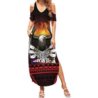 Fautasi Race Day American Samoa Family Matching Summer Maxi Dress and Hawaiian Shirt Bald Eagle Polynesian Tattoo LT14 Mom's Dress Black - Polynesian Pride