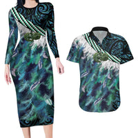 Turquoise Traditional Cloak Aotearoa Couples Matching Long Sleeve Bodycon Dress and Hawaiian Shirt Maori Paua Shell Korowai Pattern LT14 Turquoise - Polynesian Pride