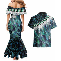 Turquoise Traditional Cloak Aotearoa Couples Matching Mermaid Dress and Hawaiian Shirt Maori Paua Shell Korowai Pattern LT14 - Polynesian Pride