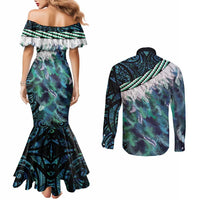 Turquoise Traditional Cloak Aotearoa Couples Matching Mermaid Dress and Long Sleeve Button Shirt Maori Paua Shell Korowai Pattern