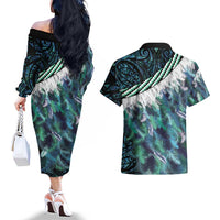 Turquoise Traditional Cloak Aotearoa Couples Matching Off The Shoulder Long Sleeve Dress and Hawaiian Shirt Maori Paua Shell Korowai Pattern LT14 - Polynesian Pride