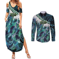Turquoise Traditional Cloak Aotearoa Couples Matching Summer Maxi Dress and Long Sleeve Button Shirt Maori Paua Shell Korowai Pattern