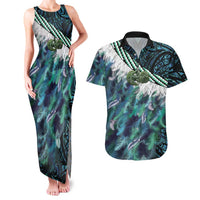 Turquoise Traditional Cloak Aotearoa Couples Matching Tank Maxi Dress and Hawaiian Shirt Maori Paua Shell Korowai Pattern LT14 Turquoise - Polynesian Pride