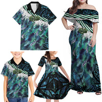 Turquoise Traditional Cloak Aotearoa Family Matching Off Shoulder Maxi Dress and Hawaiian Shirt Maori Paua Shell Korowai Pattern LT14 - Polynesian Pride