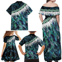 Turquoise Traditional Cloak Aotearoa Family Matching Off Shoulder Maxi Dress and Hawaiian Shirt Maori Paua Shell Korowai Pattern LT14 - Polynesian Pride
