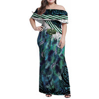 Turquoise Traditional Cloak Aotearoa Family Matching Off Shoulder Maxi Dress and Hawaiian Shirt Maori Paua Shell Korowai Pattern LT14 Mom's Dress Turquoise - Polynesian Pride