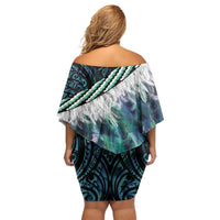 Turquoise Traditional Cloak Aotearoa Family Matching Off Shoulder Short Dress and Hawaiian Shirt Maori Paua Shell Korowai Pattern LT14 - Polynesian Pride