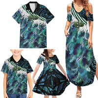 Turquoise Traditional Cloak Aotearoa Family Matching Summer Maxi Dress and Hawaiian Shirt Maori Paua Shell Korowai Pattern LT14 - Polynesian Pride