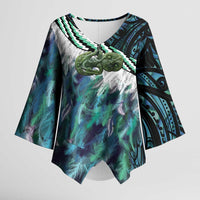 Turquoise Traditional Cloak Aotearoa Kimono Sleeve Blouse Maori Paua Shell Korowai Pattern - Polynesian Pride