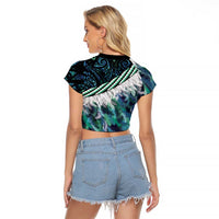 Turquoise Traditional Cloak Aotearoa Raglan Cropped T Shirt Maori Paua Shell Korowai Pattern