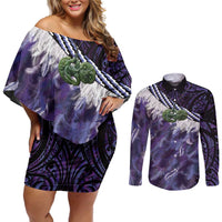Purple Traditional Cloak Aotearoa Couples Matching Off Shoulder Short Dress and Long Sleeve Button Shirt Maori Paua Shell Korowai Pattern LT14 Purple - Polynesian Pride