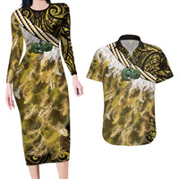 Yellow Traditional Cloak Aotearoa Couples Matching Long Sleeve Bodycon Dress and Hawaiian Shirt Maori Paua Shell Korowai Pattern LT14 Yellow - Polynesian Pride