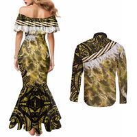 Yellow Traditional Cloak Aotearoa Couples Matching Mermaid Dress and Long Sleeve Button Shirt Maori Paua Shell Korowai Pattern LT14 - Polynesian Pride