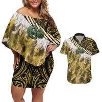 Yellow Traditional Cloak Aotearoa Couples Matching Off Shoulder Short Dress and Hawaiian Shirt Maori Paua Shell Korowai Pattern LT14 Yellow - Polynesian Pride